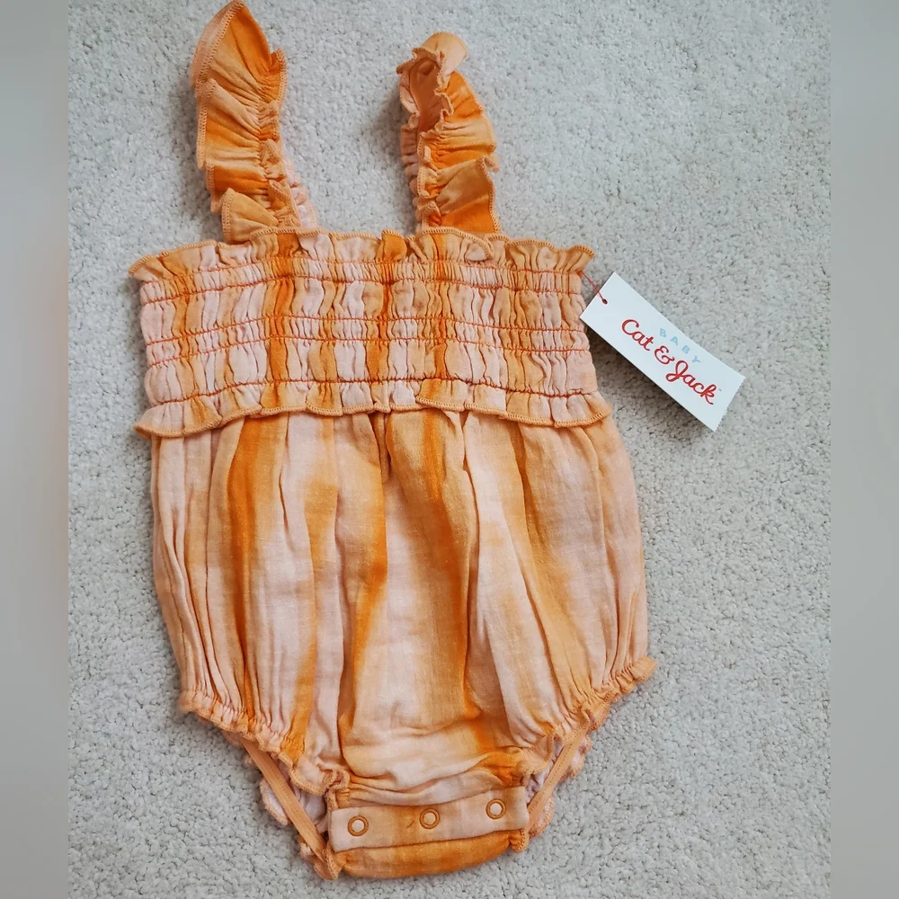 NWT Cat & Jack Baby Girls' Tie-dye Orange Smocked Gauze Jumpsuit Romper sz0-3m